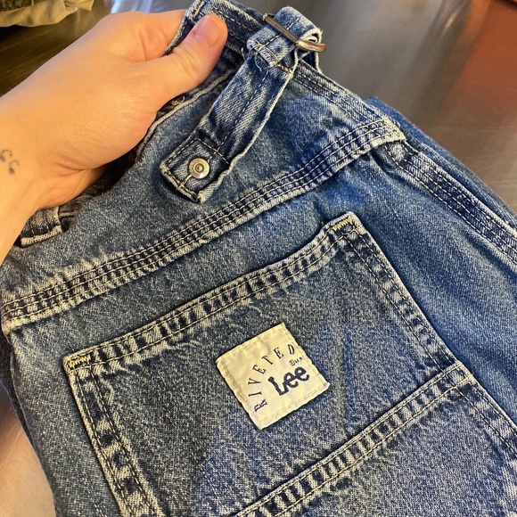 Vintage Lee Riveted Distressed Denim Carpenter Pants Buckle Back Medium Wash - Picture 3 of 4